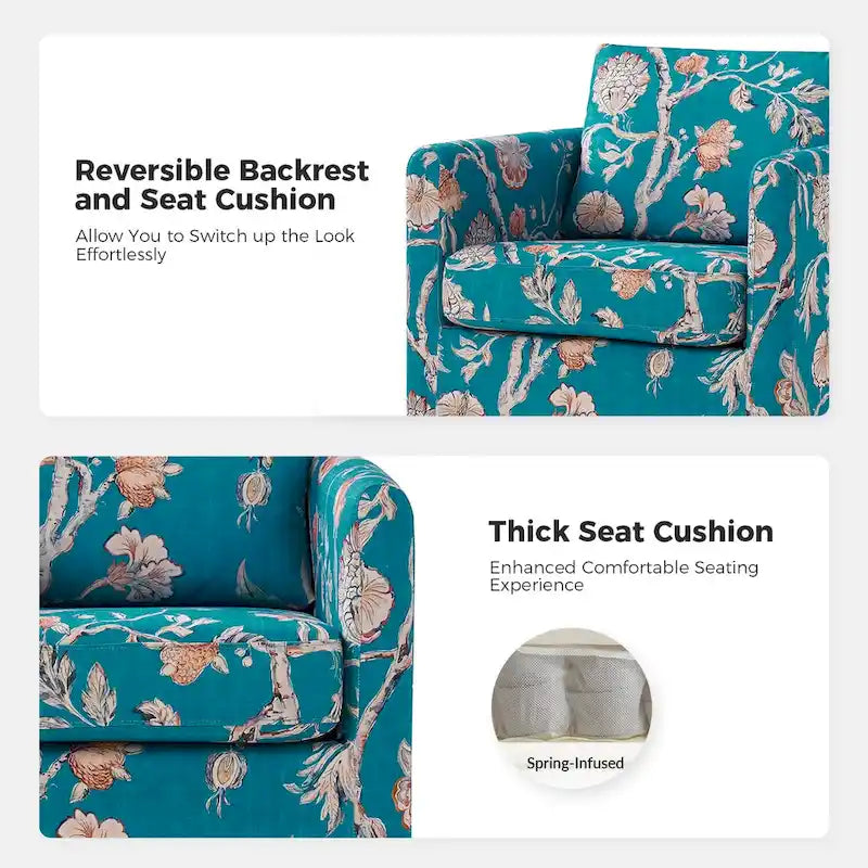Fauteuil d'appoint pivotant à 360° déhoussable avec coussins amovibles - 1 place - Floral / Bleu / Oiseau / Turquoise / Sarcelle