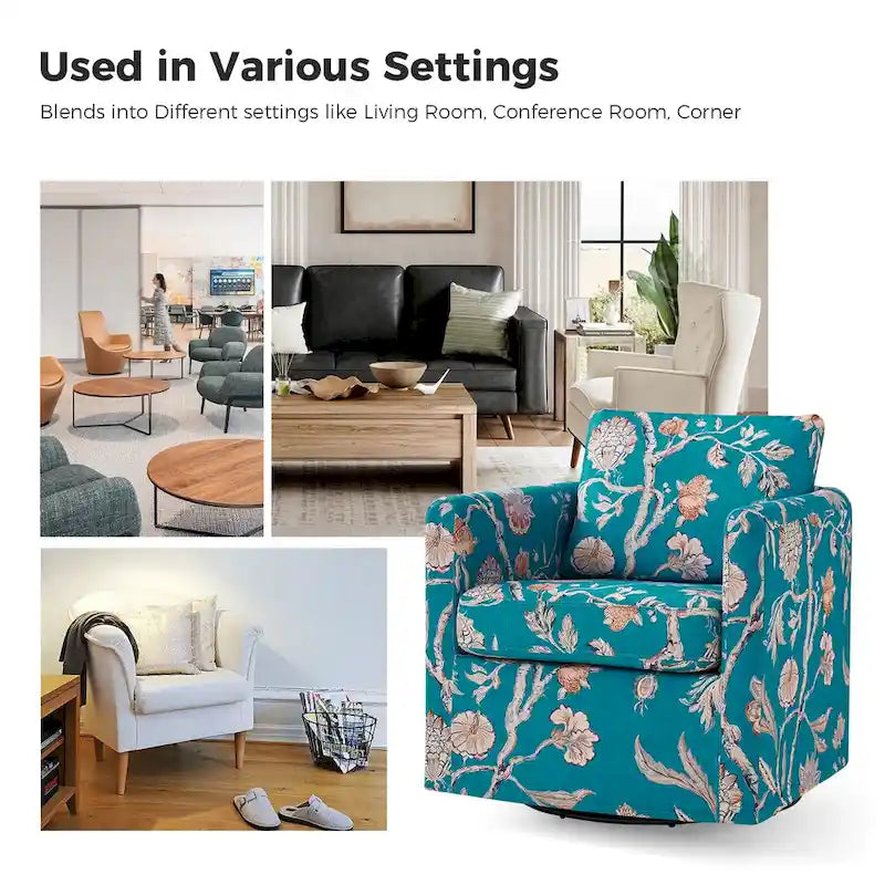 Fauteuil d'appoint pivotant à 360° déhoussable avec coussins amovibles - 1 place - Floral / Bleu / Oiseau / Turquoise / Sarcelle