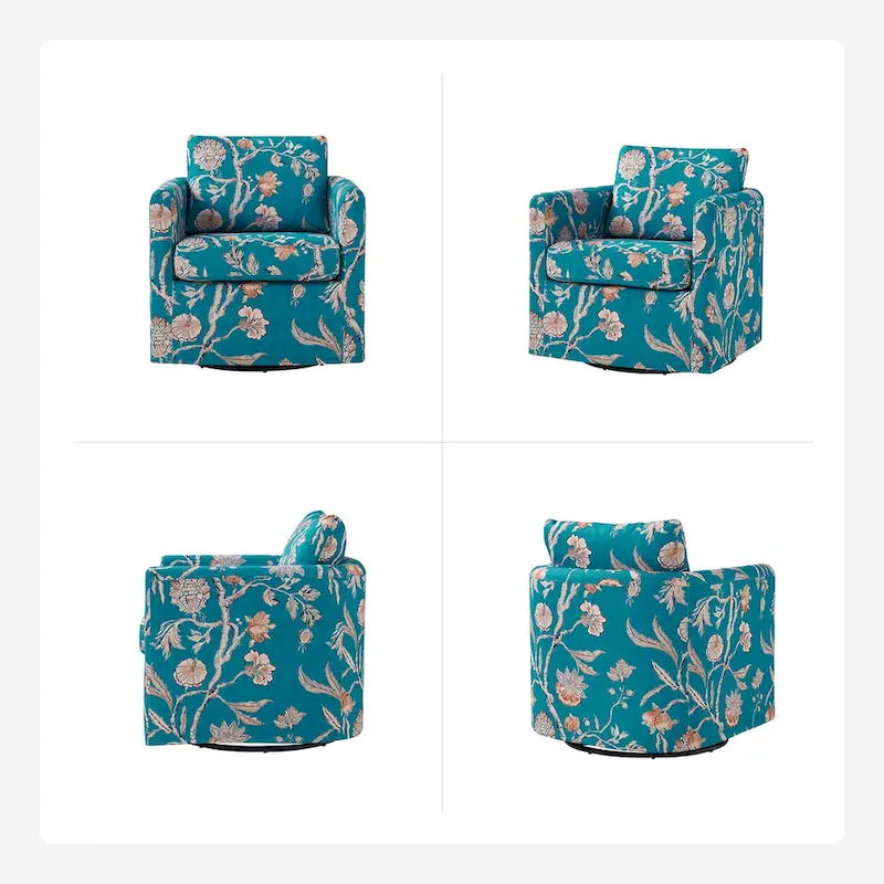 Fauteuil d'appoint pivotant à 360° déhoussable avec coussins amovibles - 1 place - Floral / Bleu / Oiseau / Turquoise / Sarcelle