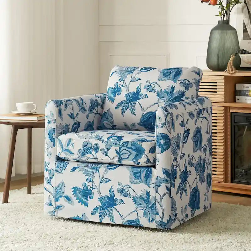 Fauteuil d'appoint pivotant à 360° déhoussable avec coussins amovibles - 1 place - Floral / Bleu / Oiseau / Turquoise / Sarcelle