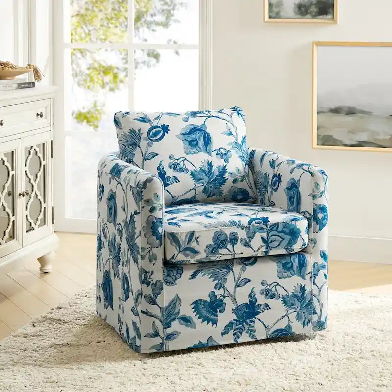 Fauteuil d'appoint pivotant à 360° déhoussable avec coussins amovibles - 1 place - Floral / Bleu / Oiseau / Turquoise / Sarcelle