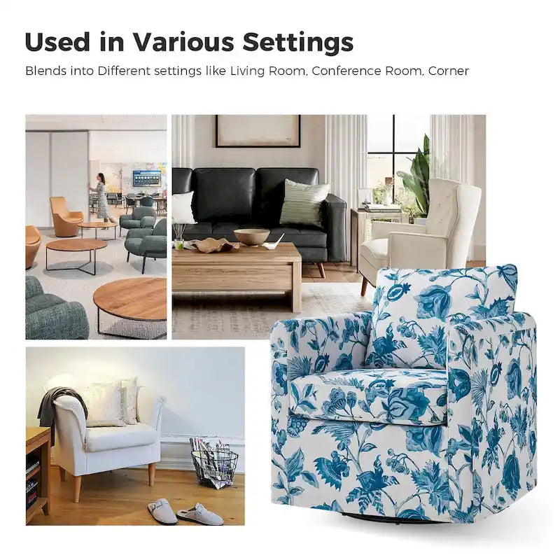 Fauteuil d'appoint pivotant à 360° déhoussable avec coussins amovibles - 1 place - Floral / Bleu / Oiseau / Turquoise / Sarcelle
