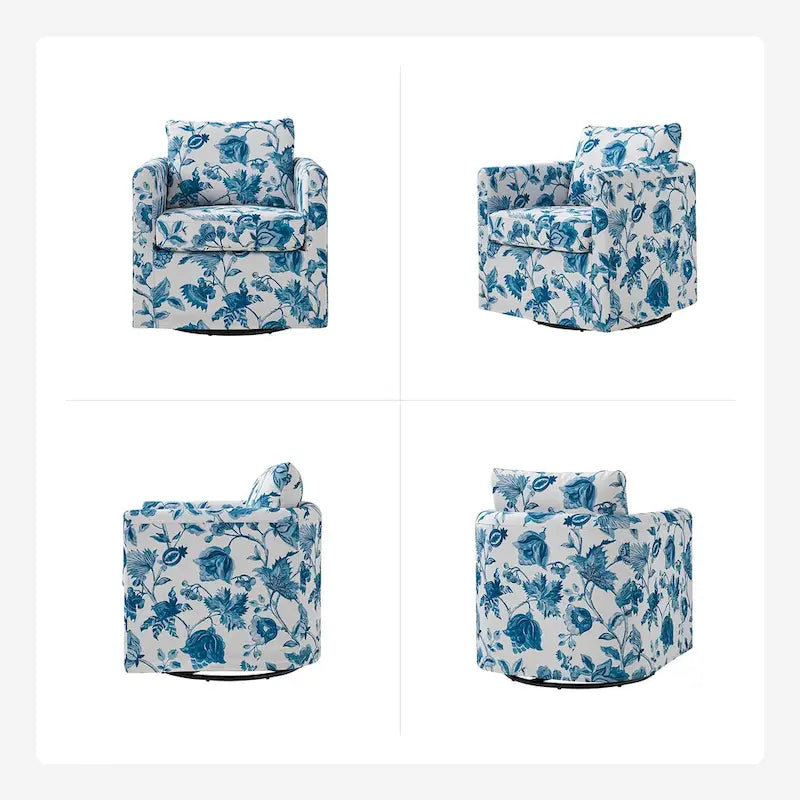 Fauteuil d'appoint pivotant à 360° déhoussable avec coussins amovibles - 1 place - Floral / Bleu / Oiseau / Turquoise / Sarcelle