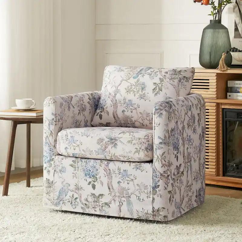 Fauteuil d'appoint pivotant à 360° déhoussable avec coussins amovibles - 1 place - Floral / Bleu / Oiseau / Turquoise / Sarcelle
