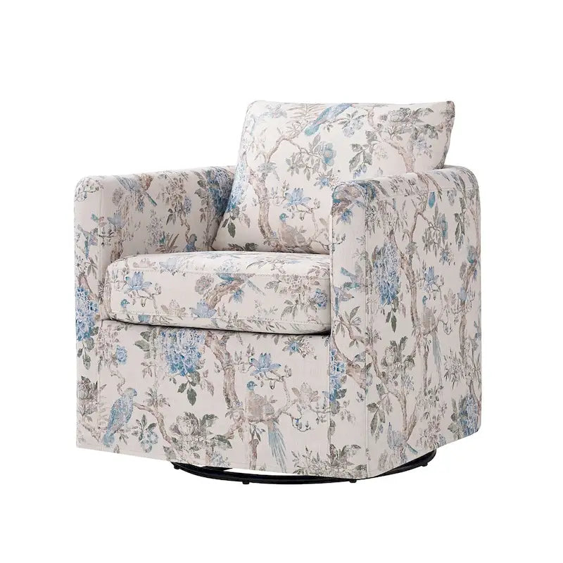 Fauteuil d'appoint pivotant à 360° déhoussable avec coussins amovibles - 1 place - Floral / Bleu / Oiseau / Turquoise / Sarcelle