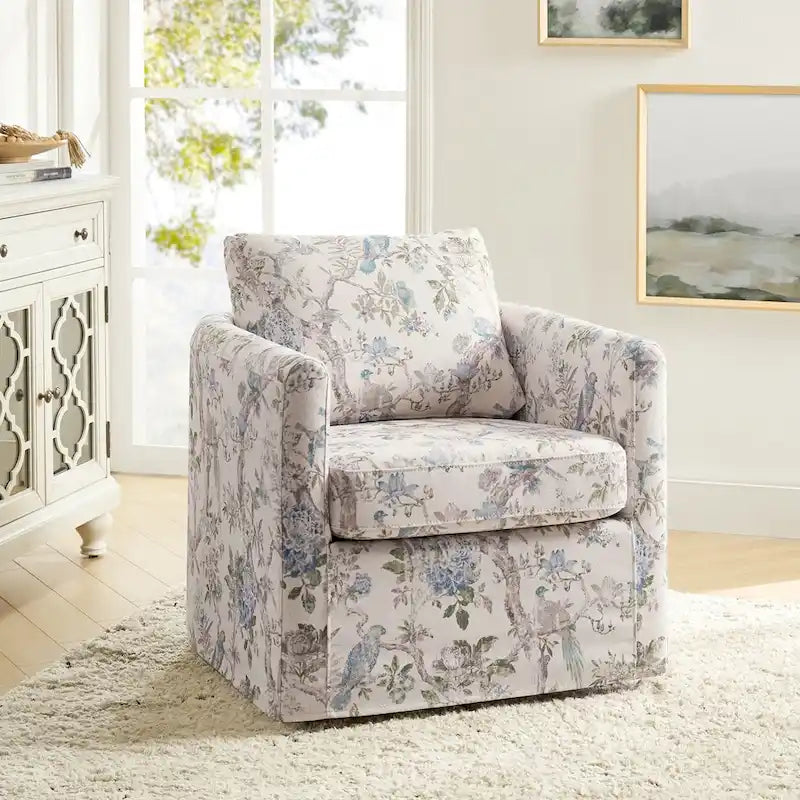 Fauteuil d'appoint pivotant à 360° déhoussable avec coussins amovibles - 1 place - Floral / Bleu / Oiseau / Turquoise / Sarcelle