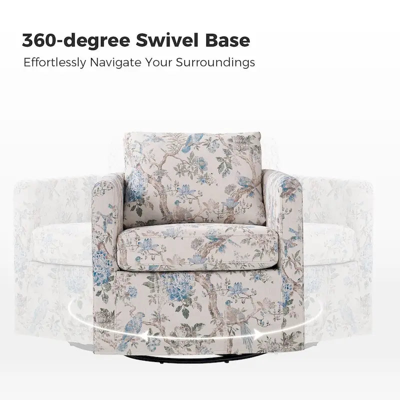 Fauteuil d'appoint pivotant à 360° déhoussable avec coussins amovibles - 1 place - Floral / Bleu / Oiseau / Turquoise / Sarcelle