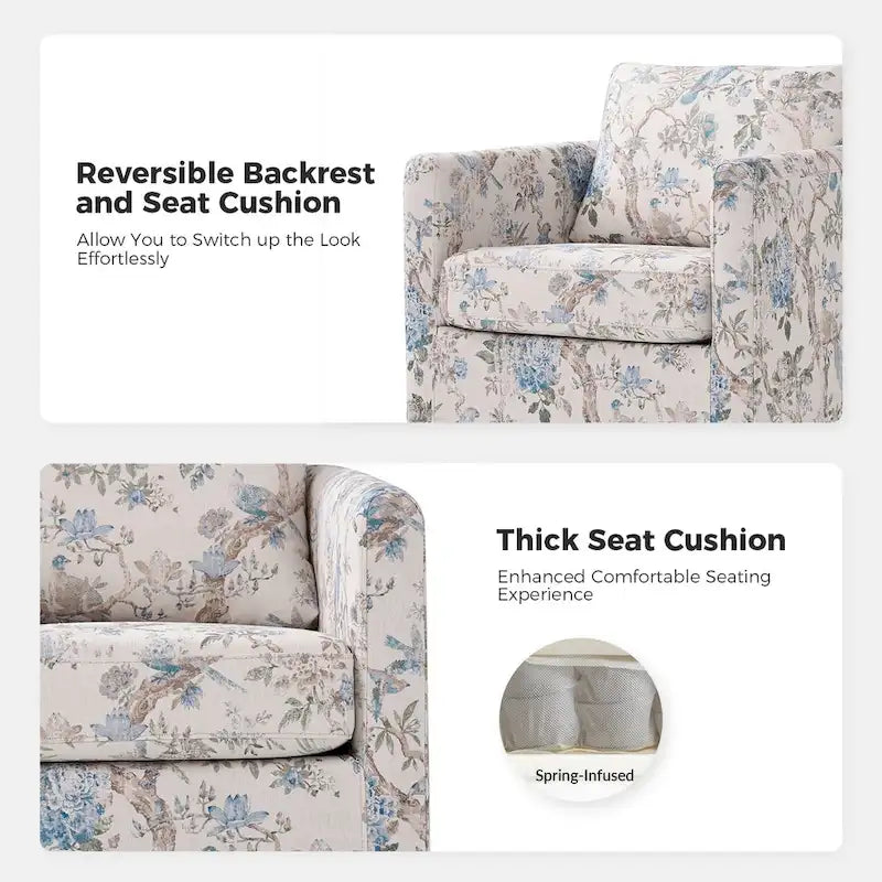 Fauteuil d'appoint pivotant à 360° déhoussable avec coussins amovibles - 1 place - Floral / Bleu / Oiseau / Turquoise / Sarcelle