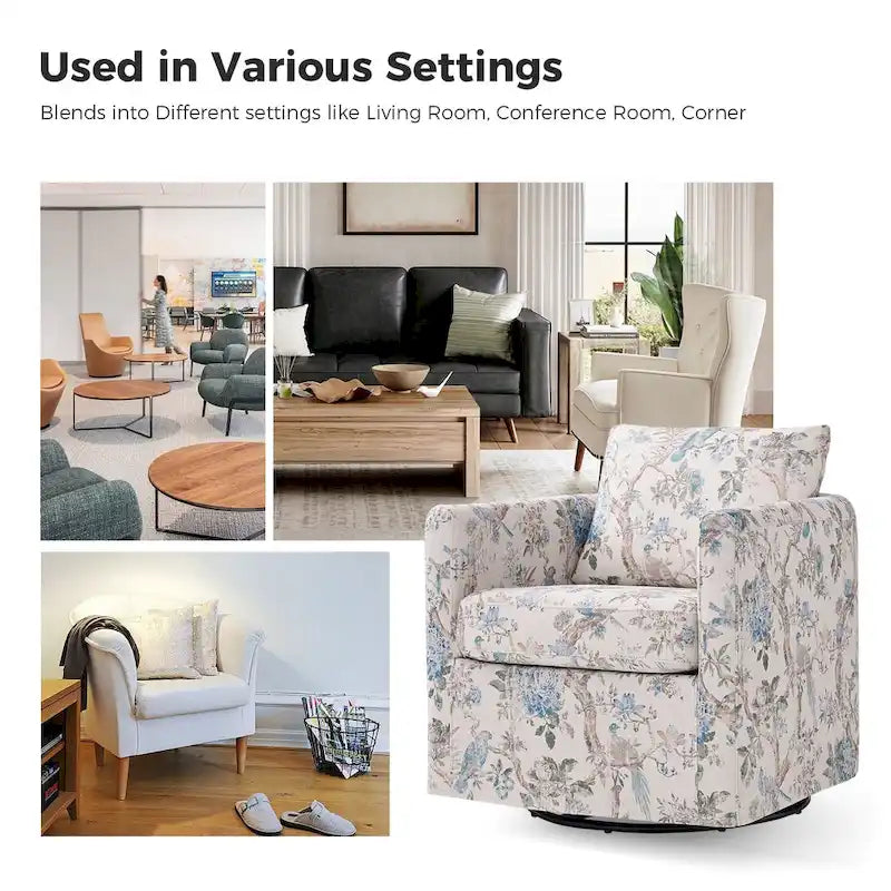 Fauteuil d'appoint pivotant à 360° déhoussable avec coussins amovibles - 1 place - Floral / Bleu / Oiseau / Turquoise / Sarcelle