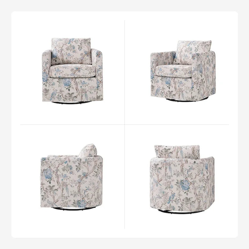 Fauteuil d'appoint pivotant à 360° déhoussable avec coussins amovibles - 1 place - Floral / Bleu / Oiseau / Turquoise / Sarcelle