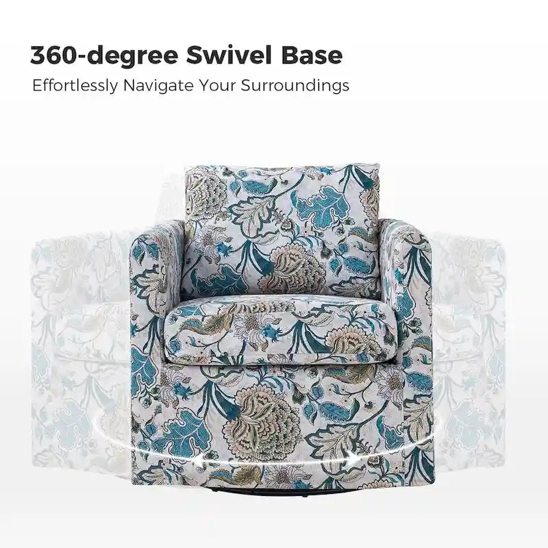 Fauteuil d'appoint pivotant à 360° déhoussable avec coussins amovibles - 1 place - Floral / Bleu / Oiseau / Turquoise / Sarcelle