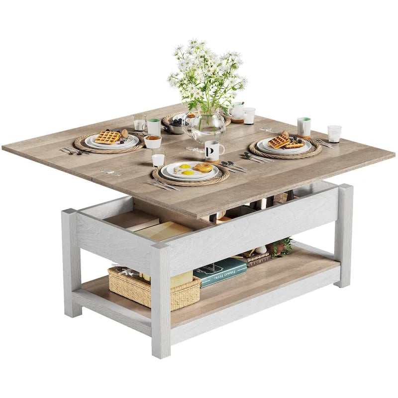 Table basse relevable avec rangement dissimulé – Marron/Gris Lavé/LED Marron+Blanc – 2 à 8 places