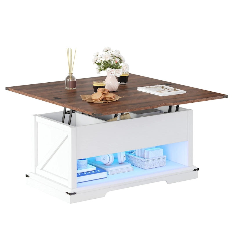 Table basse relevable avec rangement dissimulé – Marron/Gris Lavé/LED Marron+Blanc – 2 à 8 places