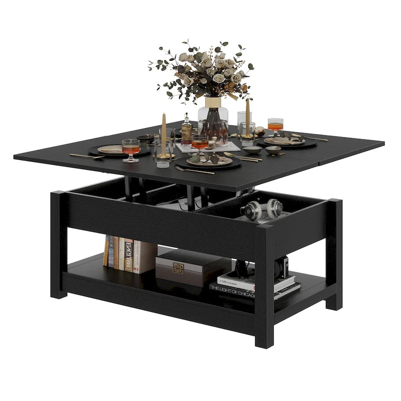 Table basse relevable avec rangement dissimulé – Marron/Gris Lavé/LED Marron+Blanc – 2 à 8 places