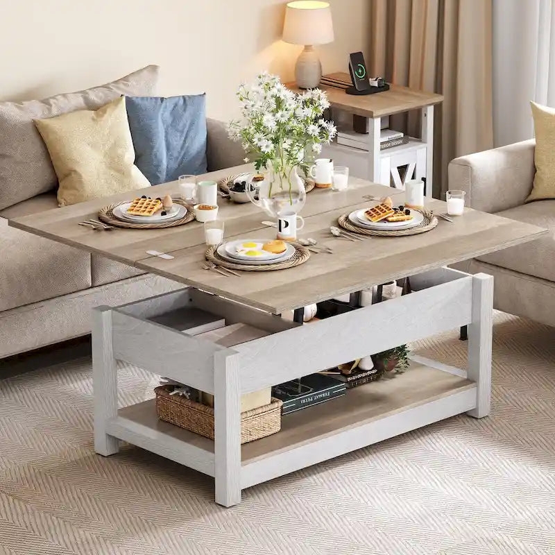 Table basse relevable avec rangement dissimulé – Marron/Gris Lavé/LED Marron+Blanc – 2 à 8 places