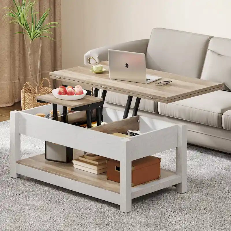 Table basse relevable avec rangement dissimulé – Marron/Gris Lavé/LED Marron+Blanc – 2 à 8 places