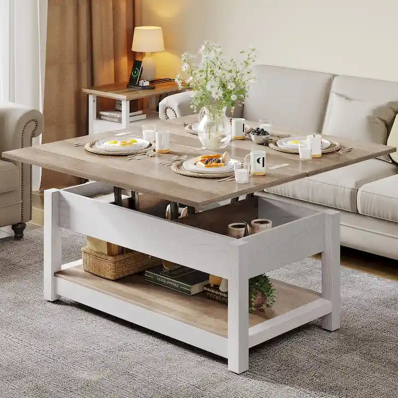 Table basse relevable avec rangement dissimulé – Marron/Gris Lavé/LED Marron+Blanc – 2 à 8 places