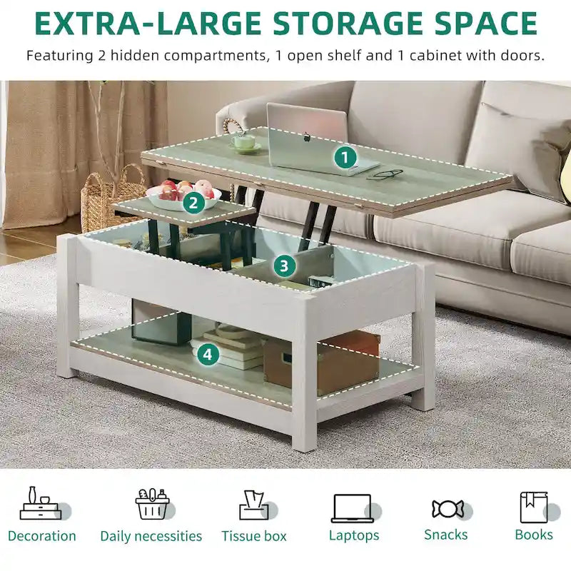 Table basse relevable avec rangement dissimulé – Marron/Gris Lavé/LED Marron+Blanc – 2 à 8 places