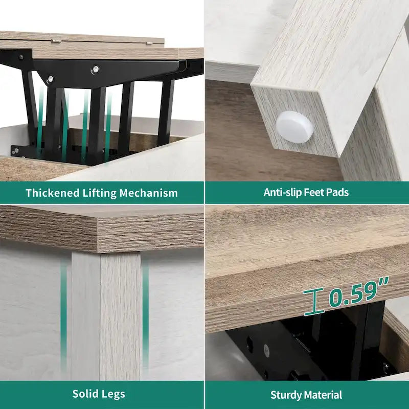 Table basse relevable avec rangement dissimulé – Marron/Gris Lavé/LED Marron+Blanc – 2 à 8 places
