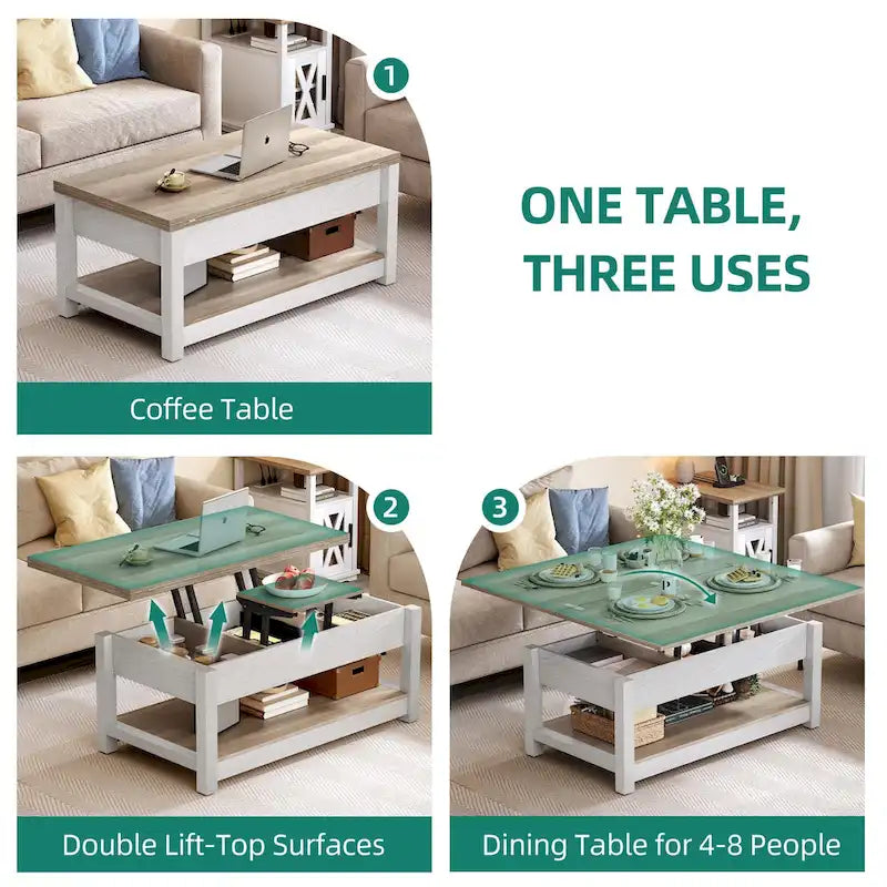 Table basse relevable avec rangement dissimulé – Marron/Gris Lavé/LED Marron+Blanc – 2 à 8 places