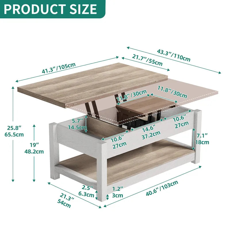 Table basse relevable avec rangement dissimulé – Marron/Gris Lavé/LED Marron+Blanc – 2 à 8 places