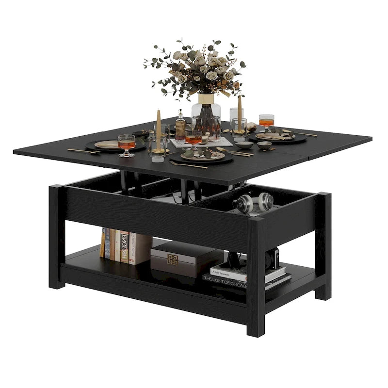 Table basse relevable avec rangement dissimulé – Marron/Gris Lavé/LED Marron+Blanc – 2 à 8 places