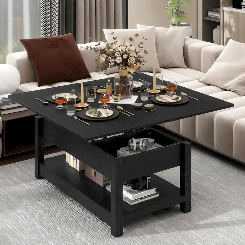 Table basse relevable avec rangement dissimulé – Marron/Gris Lavé/LED Marron+Blanc – 2 à 8 places