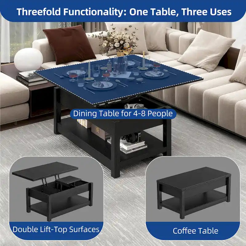Table basse relevable avec rangement dissimulé – Marron/Gris Lavé/LED Marron+Blanc – 2 à 8 places