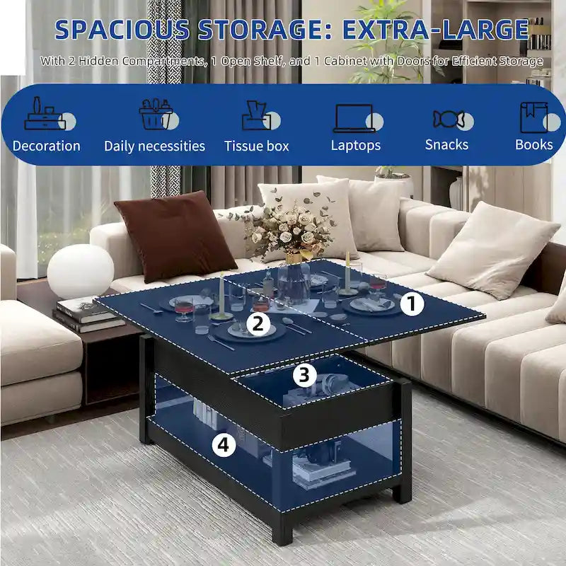 Table basse relevable avec rangement dissimulé – Marron/Gris Lavé/LED Marron+Blanc – 2 à 8 places