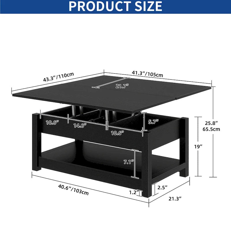Table basse relevable avec rangement dissimulé – Marron/Gris Lavé/LED Marron+Blanc – 2 à 8 places