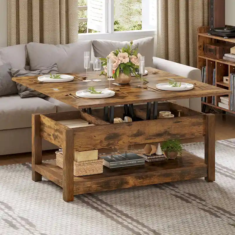 Table basse relevable avec rangement dissimulé – Marron/Gris Lavé/LED Marron+Blanc – 2 à 8 places