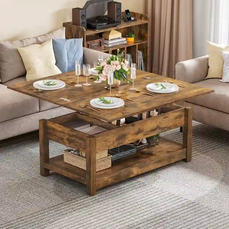 Table basse relevable avec rangement dissimulé – Marron/Gris Lavé/LED Marron+Blanc – 2 à 8 places