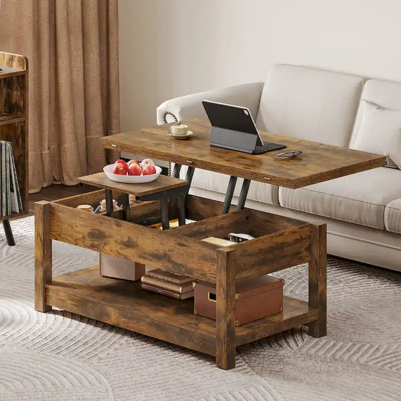 Table basse relevable avec rangement dissimulé – Marron/Gris Lavé/LED Marron+Blanc – 2 à 8 places