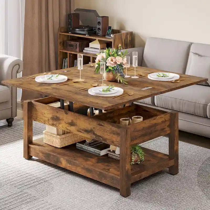 Table basse relevable avec rangement dissimulé – Marron/Gris Lavé/LED Marron+Blanc – 2 à 8 places
