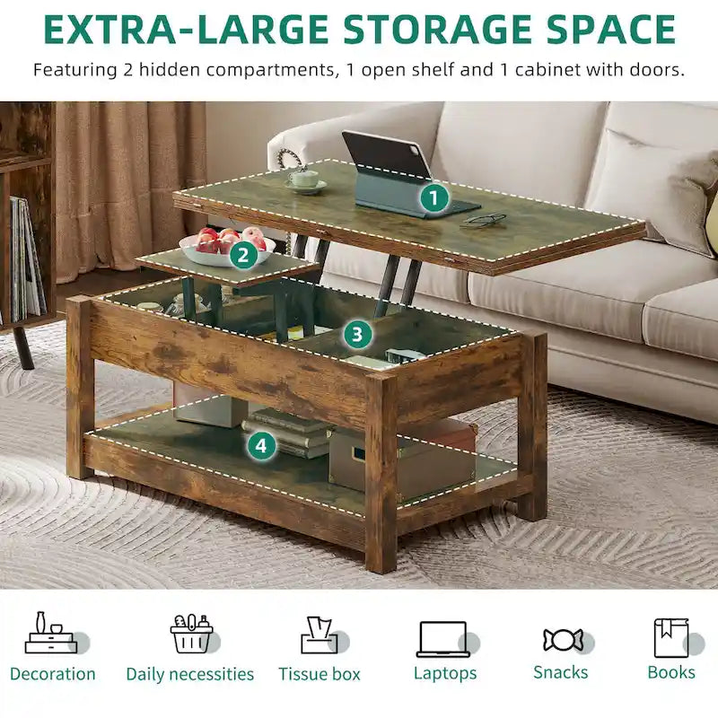 Table basse relevable avec rangement dissimulé – Marron/Gris Lavé/LED Marron+Blanc – 2 à 8 places