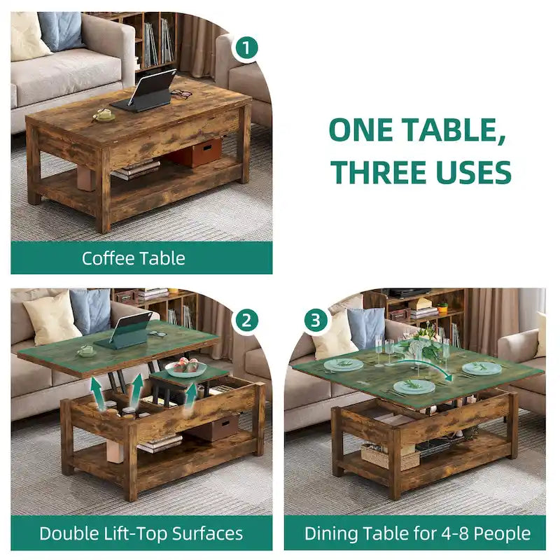 Table basse relevable avec rangement dissimulé – Marron/Gris Lavé/LED Marron+Blanc – 2 à 8 places