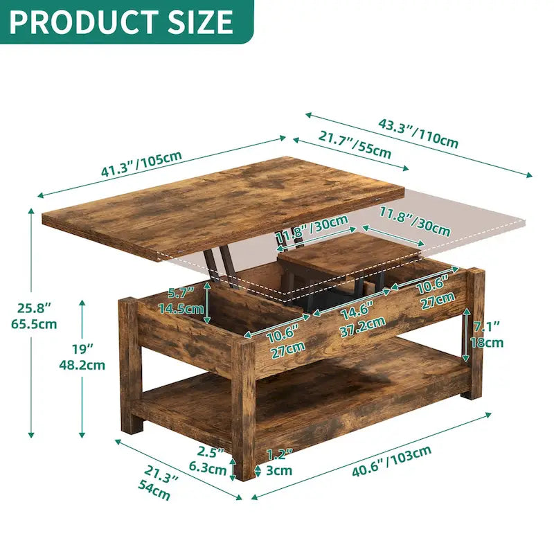 Table basse relevable avec rangement dissimulé – Marron/Gris Lavé/LED Marron+Blanc – 2 à 8 places