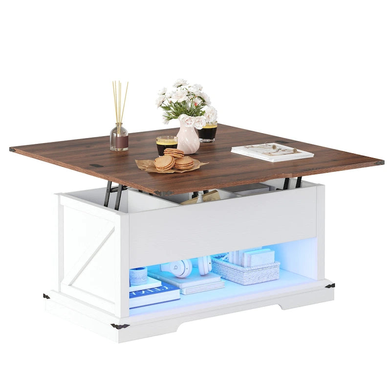 Table basse relevable avec rangement dissimulé – Marron/Gris Lavé/LED Marron+Blanc – 2 à 8 places