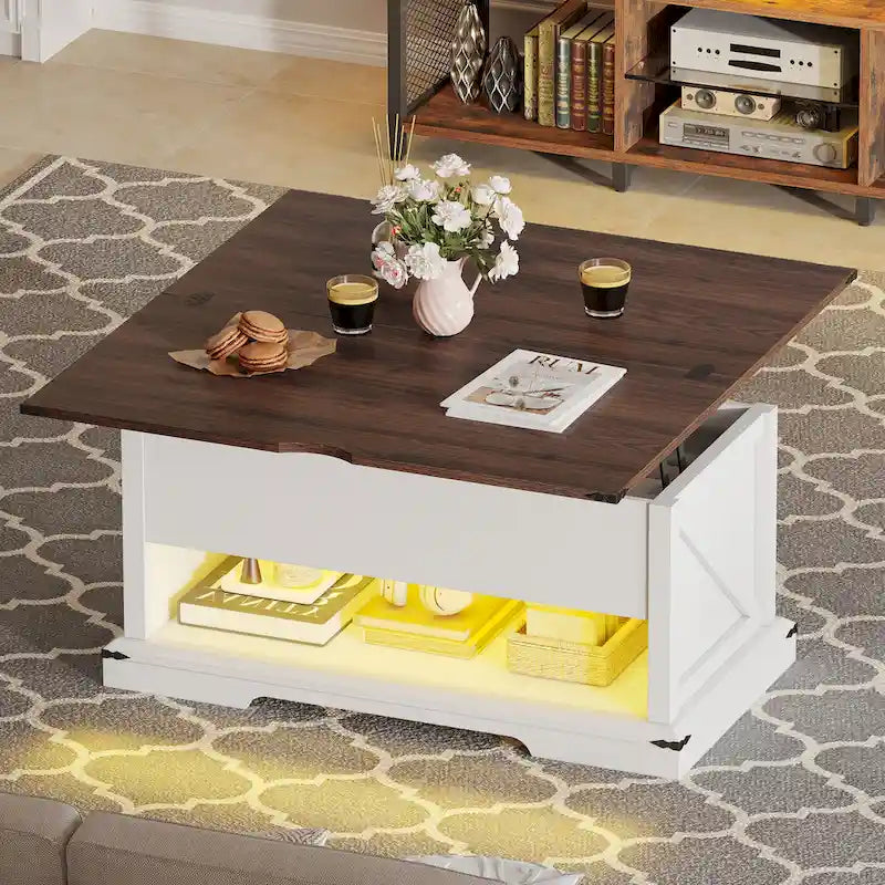 Table basse relevable avec rangement dissimulé – Marron/Gris Lavé/LED Marron+Blanc – 2 à 8 places
