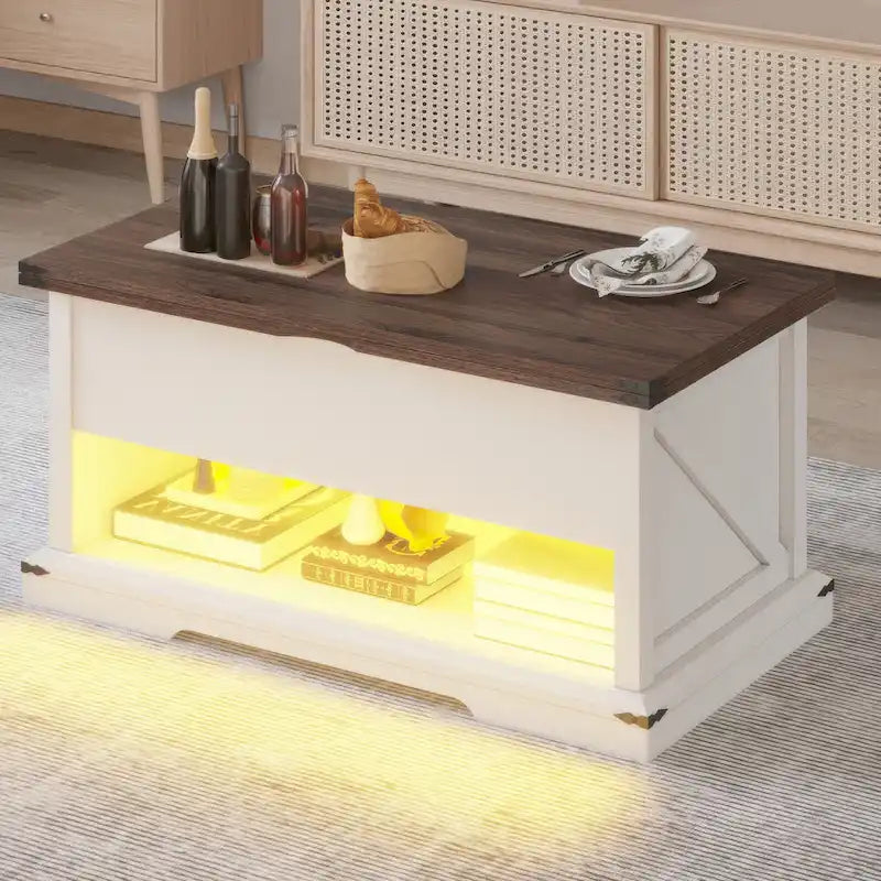 Table basse relevable avec rangement dissimulé – Marron/Gris Lavé/LED Marron+Blanc – 2 à 8 places