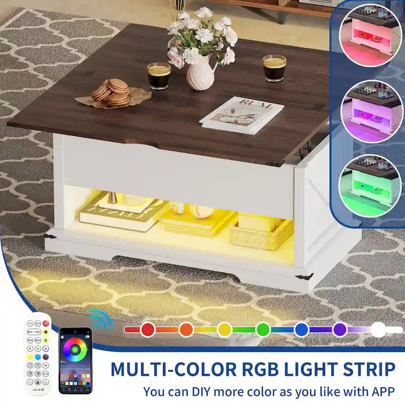 Table basse relevable avec rangement dissimulé – Marron/Gris Lavé/LED Marron+Blanc – 2 à 8 places