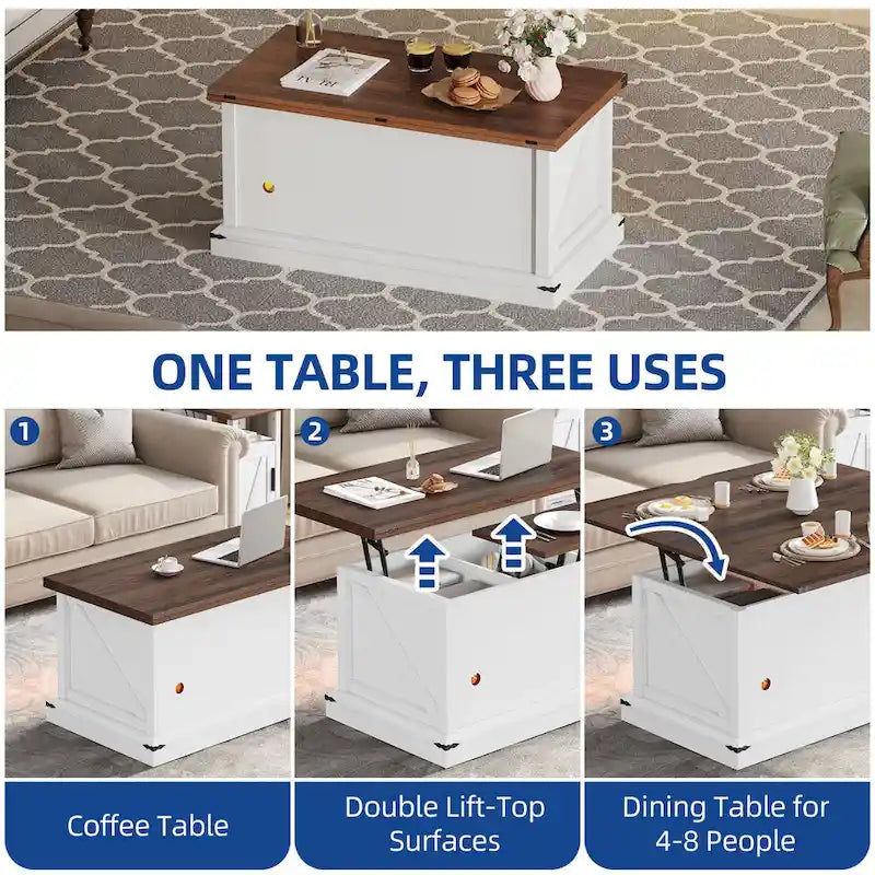 Table basse relevable avec rangement dissimulé – Marron/Gris Lavé/LED Marron+Blanc – 2 à 8 places