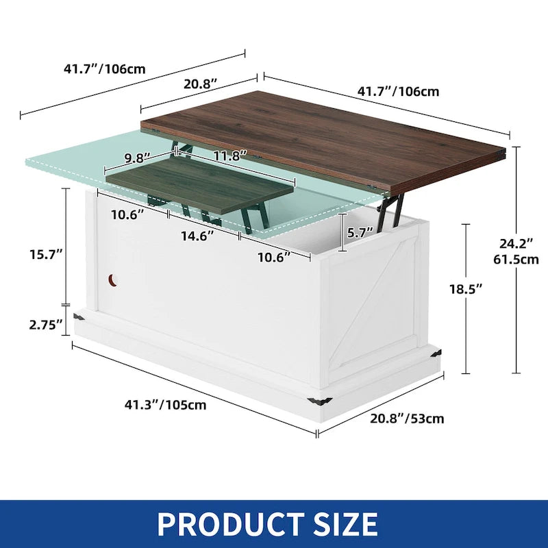 Table basse relevable avec rangement dissimulé – Marron/Gris Lavé/LED Marron+Blanc – 2 à 8 places