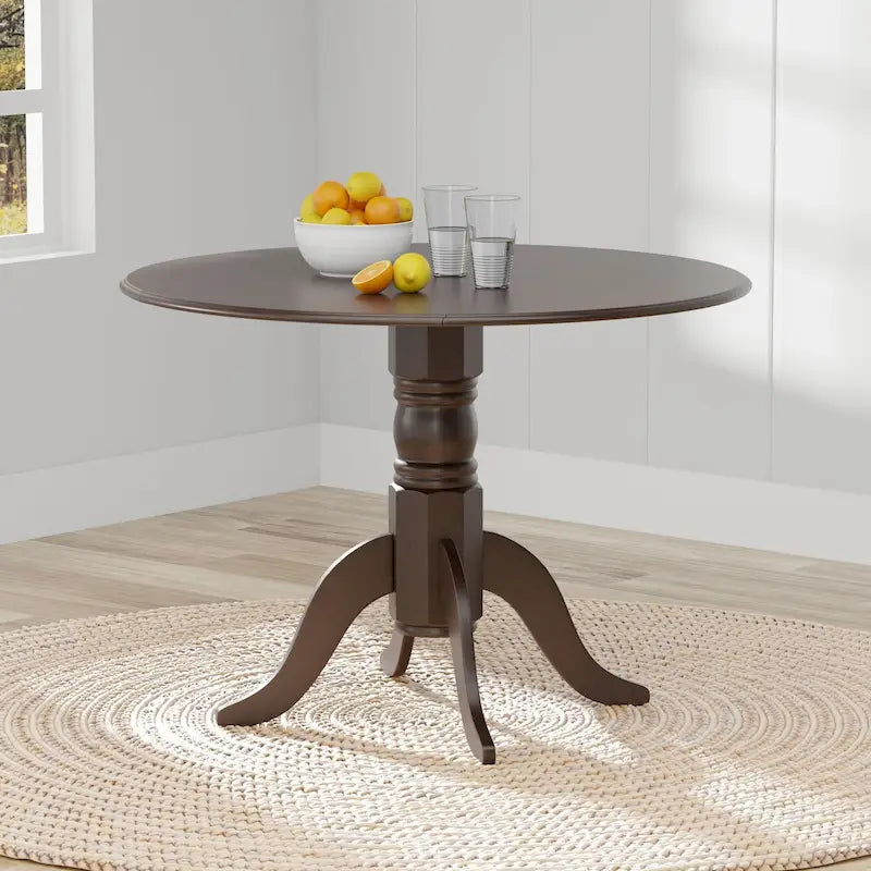 Table de salle à manger ronde à rallonges escamotables pour 4 personnes, coloris blanc/naturel, noir, noyer foncé ou blanc.
