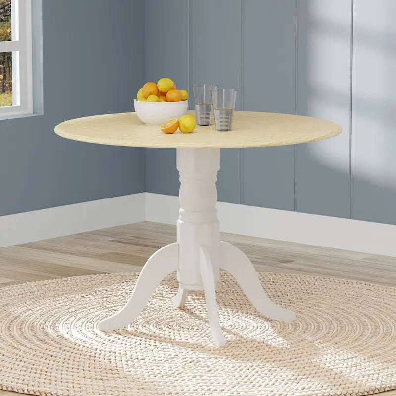 Table de salle à manger ronde à rallonges escamotables pour 4 personnes, coloris blanc/naturel, noir, noyer foncé ou blanc.