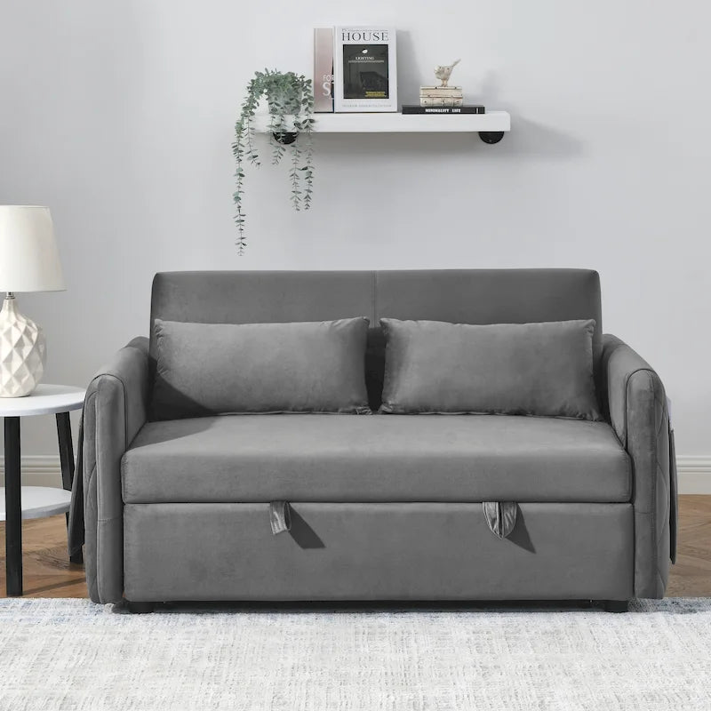 Canapé-lit Causeuse Velours Gris / Bleu / Noir avec Dossier 3 Positions et 2 Oreillers - 2 Places