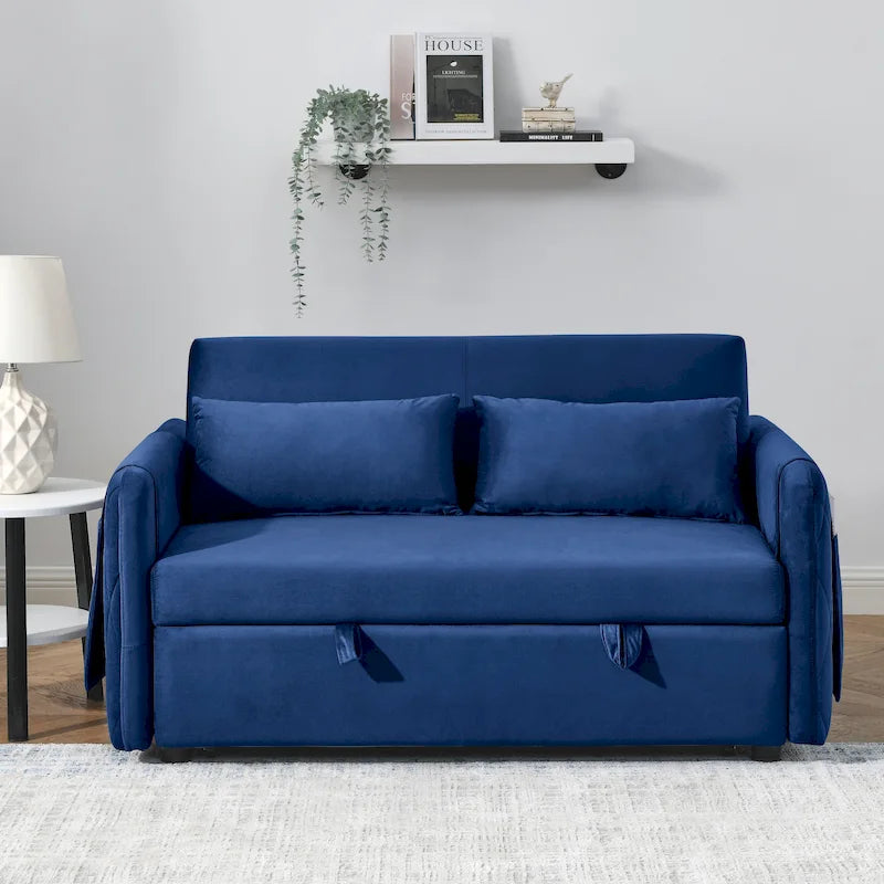 Canapé-lit Causeuse Velours Gris / Bleu / Noir avec Dossier 3 Positions et 2 Oreillers - 2 Places
