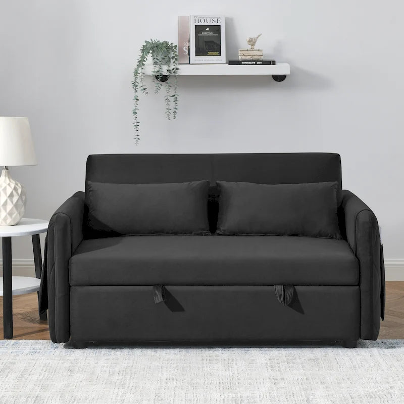 Canapé-lit Causeuse Velours Gris / Bleu / Noir avec Dossier 3 Positions et 2 Oreillers - 2 Places
