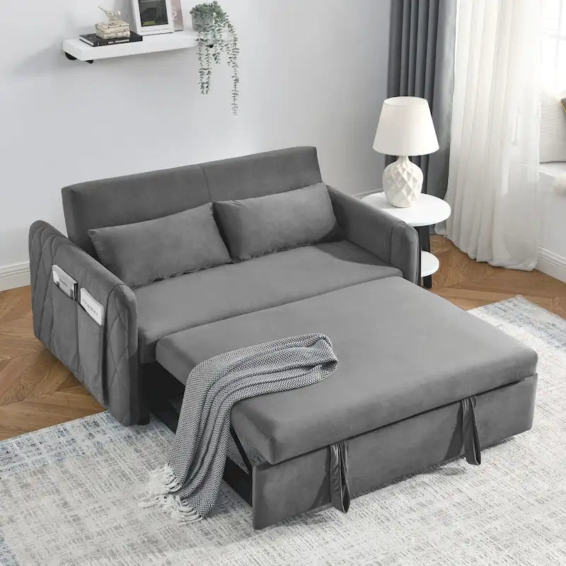 Canapé-lit Causeuse Velours Gris / Bleu / Noir avec Dossier 3 Positions et 2 Oreillers - 2 Places