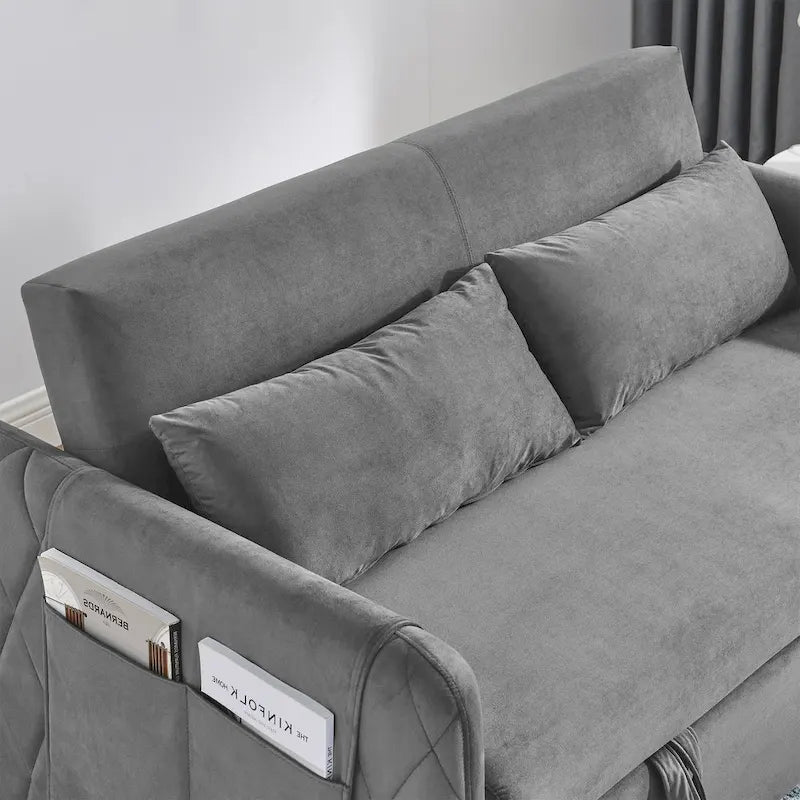 Canapé-lit Causeuse Velours Gris / Bleu / Noir avec Dossier 3 Positions et 2 Oreillers - 2 Places